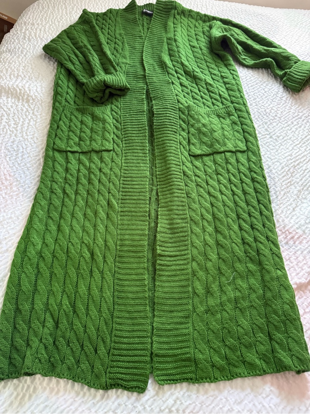 Long Green Cable-Knit Open Front Sweater Cardigan